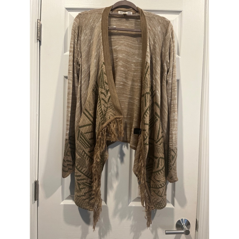 Say What? Womens Small Tan Tribal Fringe Waterfall Open Front Cardigan Sweater